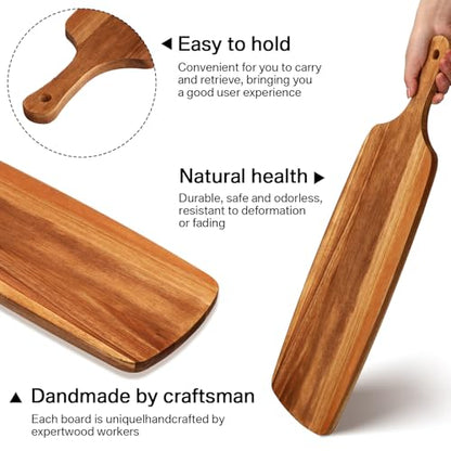 Kathfly 3 Pcs Acacia Wood Cutting Board with Handle Wooden Laser Kitchen Serving Charcuterie Board for Vegetables Meat Pizza Cheese Fruit Bread(24 x 7 Inch) - size: 24 x 7 Inch