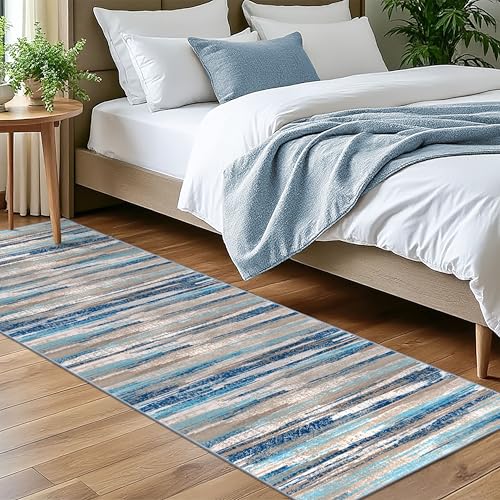 Lansny Abstract Washable 2x7 Runner Rug Non Slip Runners for Hallway | Blue;Thin Printed Faux Wool Rug Runners for Kitchen, Entryway,Laundry Room;Bedroom Runner Rug Non Skid;7ft Carpet Runner - color: Blue Aqua/Beige Taupe Multi, size: 2' x 7' (Runner)