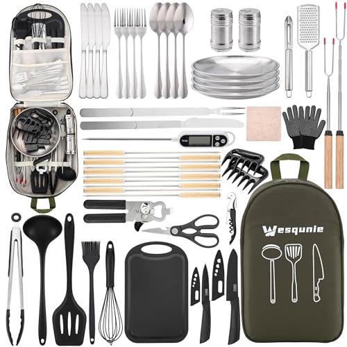 Wesqunie Camping Cooking Utensils Set, Cookware Set for Outdoor Hiking BBQ | Stainless Steel & Silicone Mess Kit, Durable Outdoor Kitchen Gear for Hiking, RV, Picnic Grill & Travel Camping Meal Prep - color: 50PCS Green