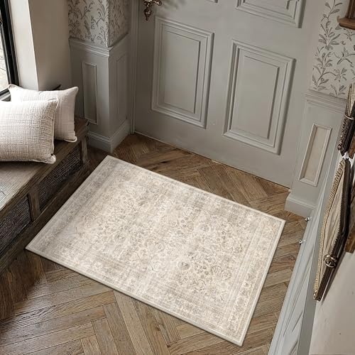 Schweek 2x3 Beige Entryway Rugs Washable Non-Slip Neutral Area Rug Door Mat | Vintage Distressed Floral Rug, Retro Low Pile Throw Rugs, Soft Door Mat for Living Room, Entrance, Bathroom, Kitchen, Laundry - color: Beige, size: 2' x 3' (Rectangular)