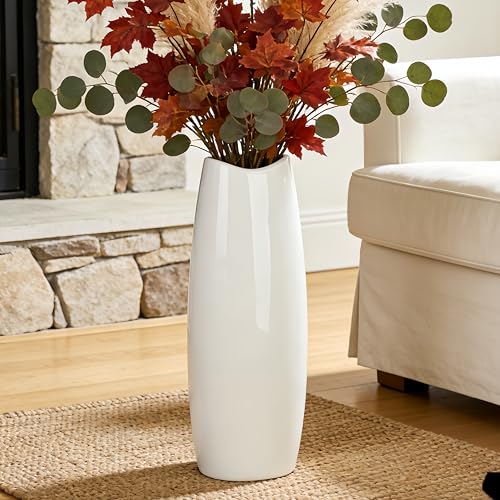 White Tall Ceramic Floor Vase, 15.7 Inch, Oval Design | Glossy Glazed Finish, Narrow Corners, Entryway, Bedroom, Compact Spaces - color: Shape 1, size: 16 Inch