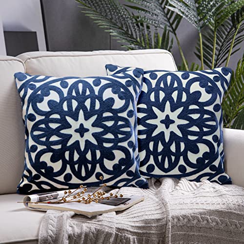 Alysheer Embroidered Decorative Throw Pillow Covers 18"x18" Set of 2 Pieces, Classic Boho Mandala Knit Pattern, Durable 100% Cotton Canvas Cozy Cushion Cases for Sofa Couch Living Room (Navy Blue) - color: Navy, size: 18" x 18" (Pack of 2)