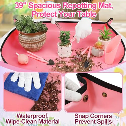 ANPHSIN 44pcs Small Gardening Tools Gifts for Women Beginners, Pink | Garden Hand Tools Set for Indoor Succulent, Bonsai, Plants Transplanting, Included Bag/Repotting Mat/Shovel/Labels - color: Pink
