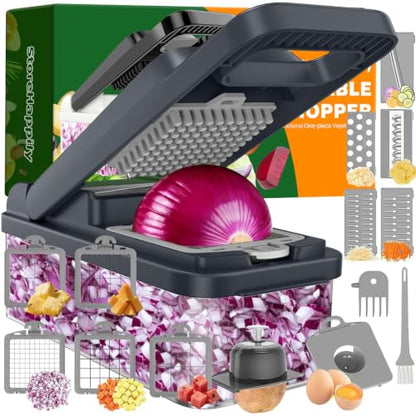 15-in-1 Vegetable Chopper 10 Blades, Veggie Cutter with Handle, Grey | Stainless Steel Blades, Food Container and Lid, Dicer, Slicer, Julienne, Egg Separator, Non-slip Base, Include Cleaning Tools - color: Gray, size: 10 blades