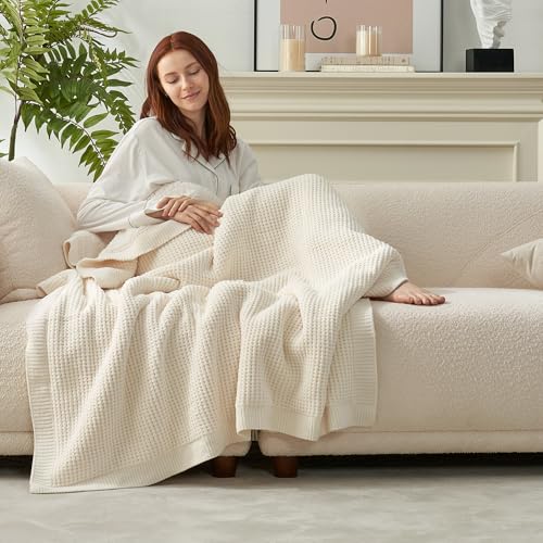 Reversible Waffle Weave Throw Blanket, Chenille Knit with Warm Sherpa, Soft Cozy Blanket for Couch, 50"x60", Ivory - color: Waffle-ivory