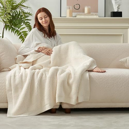 Reversible Waffle Weave Throw Blanket, Chenille Knit with Warm Sherpa, Soft Cozy Blanket for Couch, 50"x60", Ivory - color: Waffle-ivory