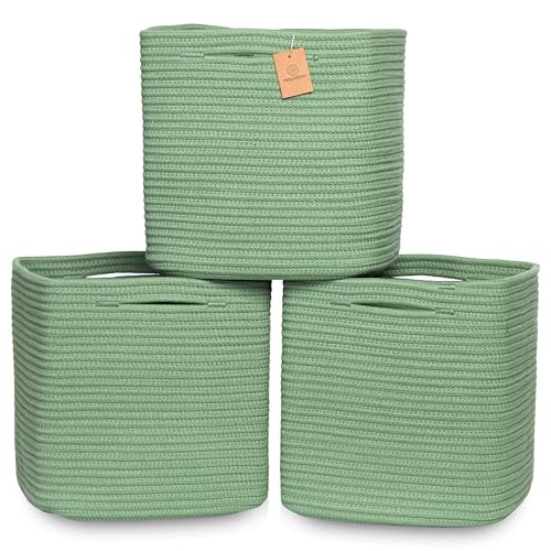 NaturalCozy 13 Inch Cube Storage Bins Cotton Rope Woven Baskets for Organizing 3-Pack | 13 x 13 Storage Cubes | Fabric Square Storage Baskets for Shelves Organizer, Kids Toy Bins, Closet Baby Nursery - color: Green, size: 13 x 13 x 13 (Standard)