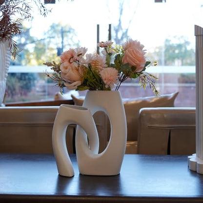 White Ceramic Vase Set of 2 with Champagne Faux Flowers