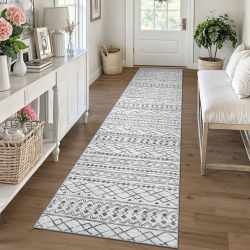 KUTA Moroccan Boho Geometric Washable Runner Rug 2x10 Grey Vintage | Non-Slip, Non-Shedding, Low Pile, Ultra Soft Floor Carpet Rugs for Hallway Kitchen Entryway Bedroom Laundry Foyer - color: Grey, size: 2' x 10' (Runner)