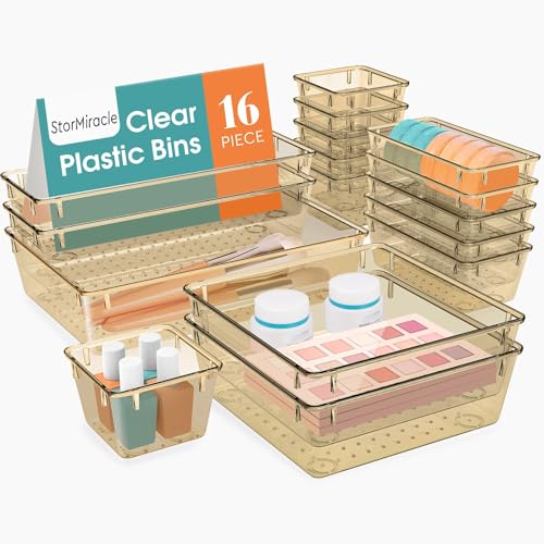 16 PCS Drawer Organizer Set, 5 Size Bathroom and kitchen organizer Trays | Bathroom and kitchen Drawer cabinet organizer Trays, Clear Storage Bins for Makeup, Jewelry, Utensils and Gadgets - color: Champagne, size: 16 PCS