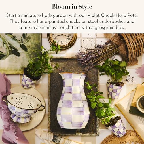 MACKENZIE-CHILDS Enamel Herb Pot Set, Small, Purple-and-White Violet Check | Hand-painted design, small plant pots for herbs or flowers, 3.5" dia. x 3.25" H, 8-ounce capacity per pot, set of 3 - color: Violet Check
