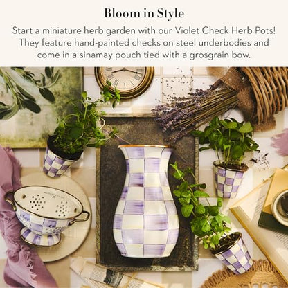 MACKENZIE-CHILDS Enamel Herb Pot Set, Small, Purple-and-White Violet Check | Hand-painted design, small plant pots for herbs or flowers, 3.5" dia. x 3.25" H, 8-ounce capacity per pot, set of 3 - color: Violet Check