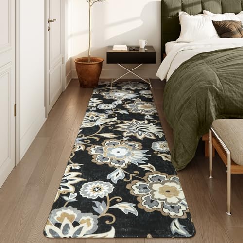 Lahome Floral Black Runner Rug - 2x8 Kitchen Runners Non Skid Washable 8 Ft Non-Slip Stain Resistant Long Runner Rugs for Hallway, Paisley Print Accent Ultra-Thin Runners for Bedroom Entryway Foyer | Non-Slip Stain Resistant Long Runner Rug for Hallway, P