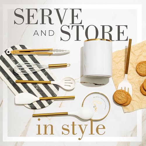 Styled Settings White and Gold Kitchen Utensils with Holder, 8-Piece | Heat Resistant, Nonstick, White Silicone Cooking Utensils Set, Ceramic Utensil Holder & Stackable Gold Spoon Rest - color: 8PC White & Gold