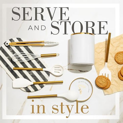 Styled Settings White and Gold Kitchen Utensils with Holder, 8-Piece | Heat Resistant, Nonstick, White Silicone Cooking Utensils Set, Ceramic Utensil Holder & Stackable Gold Spoon Rest - color: 8PC White & Gold