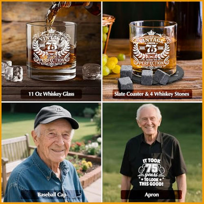 75th Birthday Gifts for Men Whiskey Glass Set, 75th Birthday Party Supplies with 11 Oz Whiskey Glass Coaster Stone Baseball Cap Apron Sock Toilet Paper Keychain for Him, Dad, Husband, Friends - style: 75th Birthday