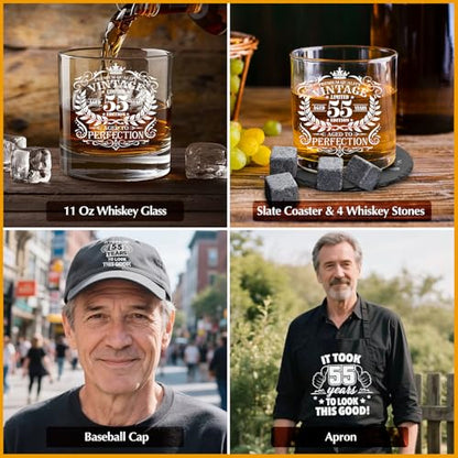 55th Birthday Gifts for Men Whiskey Glass Set, 55th Birthday Party Supplies with 11 Oz Whiskey Glass Coaster Stone Baseball Cap Apron Sock Toilet Paper Keychain for Him, Dad, Husband, Friends - style: 55th Birthday