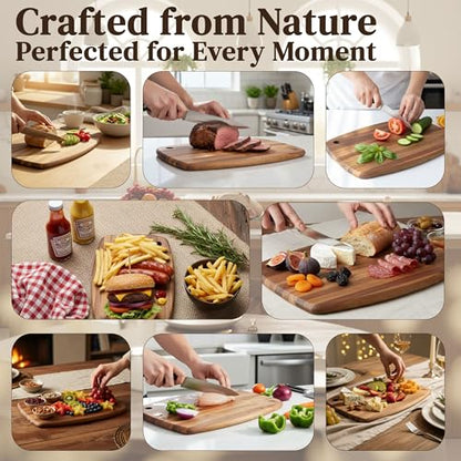 Acacia Wood Cutting Board 14 x 10 Inch Oval, 0.6" Thin Edge Grain, Handle & Hanging Hole, for Fruit, Cheese, Bread, Kitchen Prep, Non-Toxic BPA/Plastic Free, Solid Hardwood by New M Way - size: 13.8"L x 9.8"W