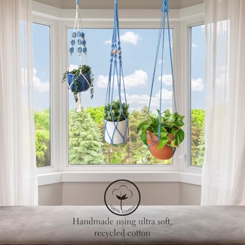Set of 3 Macrame plant hangers with Daisies & Beads Hanging plant holder Macrame Plant hangers outdoor and indoor hanging planters Plant stand indoor Boho Decor hanging planter stand (Cloudy Day)