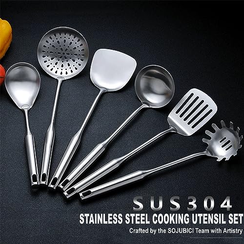 Cooking Utensils Set Stainless Steel Kitchen Metal Serving Utensils Set of 6 Pcs-Wok Spatula Ladle Set, Slotted Skimmer, Pasta Server, Serving Spoon, Slotted Spatula Tunner,Dishwasher Safe - size: 6 Piece utensils(ladle spoon and spatula set)