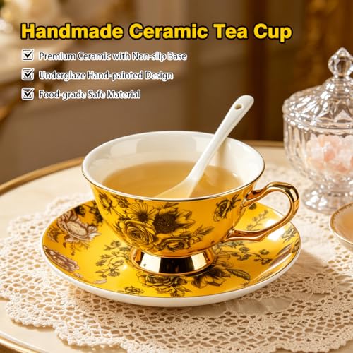 Elegant Floral Tea Cup and Saucer Set with Spoon | 7 oz - color: yellow01