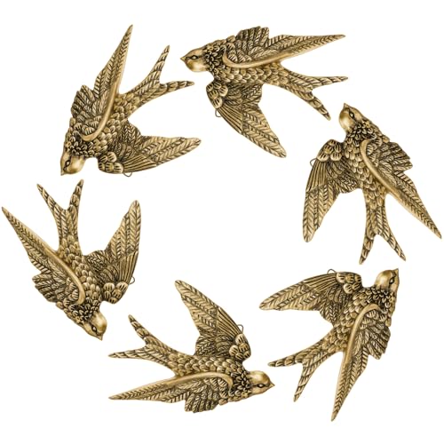 6 Pcs Vintage Bird Wall Sculpture Decor Art 4.7 Inch Antique 3D Sculpted Hanging Bird Resin Wall Art Golden Brass Floating Ornament for Living Room Garden Outdoor, Gifts for Couples Housewarming - color: Classic, size: 4.7inch