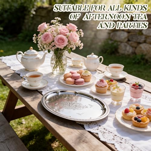 4 Pack Silver Serving Trays Set, Serving Trays for Party | Floral Pattern Engraved Mirror Tray, Tableware Platters for Whiskey, Cookies,Snacks, Desserts, Party Food Display