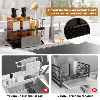 GMISUN Dish Soap Dispenser, 12 Fl oz / 350 ml Dual Soap Dispenser with Sponge Holder, Customized Amber Glass Kitchen Soap Dispensers Set, Modern Hand and Dish Soap Dispensers Set Removable - color: Amber Bottle + Black Rack