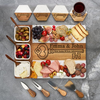 AWESOMETIK Personalized Corporate Gift, Client Gifts, Acacia Wood & Marble Charcuterie Board – Engraved Cheese Board Set – Realtor Closing, Employee Appreciation, Custom Company Gifts, Thank you Gifts