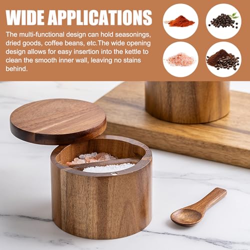 Salt Container with Spoon 2 Compartment 3.5x2.8 Inch Wooden Cellar with Magnetic Swivel Lid Spice Box for Kitchen, Salt Box