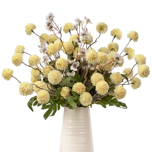 Fake Flowers for Vase, Silk Pompon Mums Artificial Flowers, Faux Chrysanthemum Fall Long Stems Floral Arrangements for Centerpieces Wedding Home Boho Decor, 8pcs & 2pcs Daisy, Yellow - color: Yellow+daisy