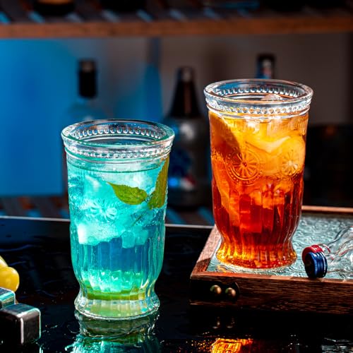 Vintage Drinking Glasses, 8 pcs Embossed Designed Highball Glasses, 16oz Glass Cups, Tall Water Glass Tumbler, Mojito Cup, Cocktail Glass, Vintage Glassware Set for Juice, Cocktail, Whiskey