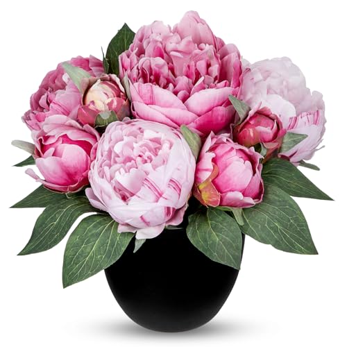 Briful Peony Artificial Flowers in Black Pot, Realistic Fake Silk Flowers Faux Floral Arrangements for Table Centerpiece Home Office Bathroom Decor (Peach Pink) - color: Blush Pink