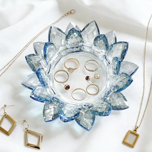 Crystal Flower Jewelry Tray, Luxury Transparent Decorative Trinket Dish for Rings, Earrings, Necklaces, Keys for Vanity Dresser Nightstand, Elegant Gift for Women Mother's Day (1, 6.3"(W)- Blue) - size: 6.3"(W)- Blue