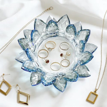 Crystal Flower Jewelry Tray, Luxury Transparent Decorative Trinket Dish for Rings, Earrings, Necklaces, Keys for Vanity Dresser Nightstand, Elegant Gift for Women Mother's Day (1, 6.3"(W)- Blue) - size: 6.3"(W)- Blue