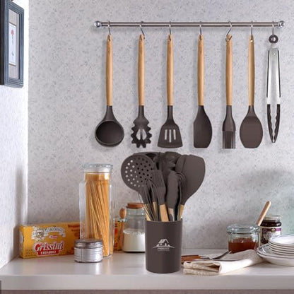 MIBOTE Silicone Cooking Kitchen Utensils Set, Wooden Handle, Coffee | BPA-Free, Non-Toxic Silicone Turner, Tongs, Spatula, Spoon Set – Great for Nonstick Cookware, Heat-Resistant, Easy Clean - color: Coffee