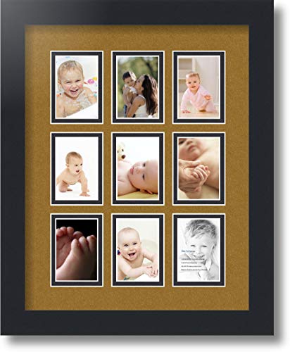 ArtToFrames Collage Photo Frame Double Mat with 9-2x3 Openings with Satin Black Frame and El Dorado mat. - color: El Dorado, size: 9 - 2x3
