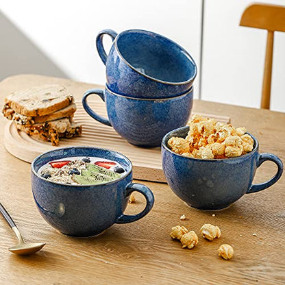 KOOV Ceramic Soup Mug with Handles, Large Coffee Mug, 24 Ounce Big Mug Microwave Safe, Coffee Mugs Set of 4, Reactive Glaze (Reactive Blue) - color: Reactive Blue