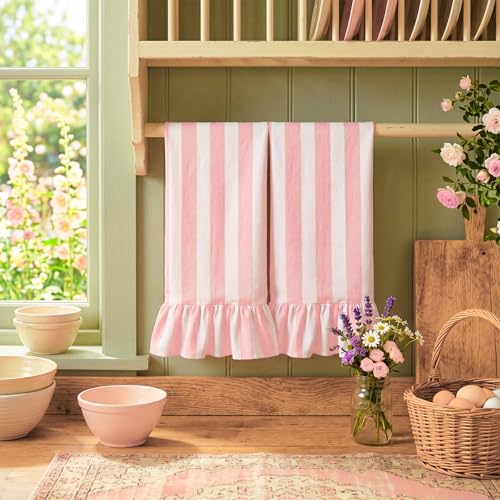 Pink Striped Kitchen Towels Set of 2, 100% Cotton Ruffled Striped Dish Towels 18"x31" Absorbent Tea Cloths Classic Pattern for Farmhouse Charm, Drying Dishes, Entertaining Guests - color: Pink
