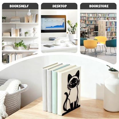 5.3"x4.3"x7.9" Metal Bookends, Heavy Duty Book Ends for Shelves | Siamese Cat Theme Cast Iron Book Supports, 1 Pair Decor Stoppers for Desk, Library, Office & Home Shelves - style: Siamese Cat