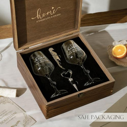 AW BRIDAL House Warming Gifts New Home Wine Glasses with Wood Keepsake Box | 2026 Closing Gift for Home Buyers and Homeowner, New Apartment Gift Basket for Couple, First House Present for Newlyweds - style: Housewarming
