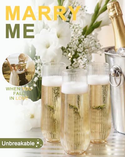 24 Pack Plastic Champagne Flutes, 9 Oz Disposable Wine Mimosa Glasses | Ribbed Stemless Champagne Flutes Cocktail Glasses, Plastic Cups for Bridal Shower Bachelorette Party Mimosa Bar - color: Ripple-24 Pack