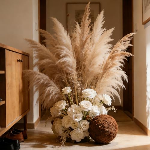 12 Stems 46" Tall Pampas Grass Decor Extra Fluffy Natural Dried Flowers | for Floor Vase Large Dried Pampas Grass, for Home Living Room, Boho Wedding Decor, Modern Farmhouse Floral Arrangements