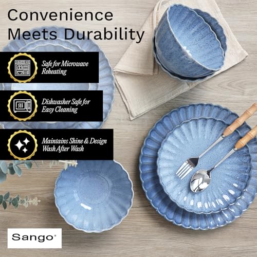 12 Pieces Stoneware Dinnerware Set, Microwave and Dishwasher Safe, for 4 | Scallop Frill Design, Chip Resistant, Ceramic, Includes Plates and Bowls - color: Blue, size: 12-Piece Set