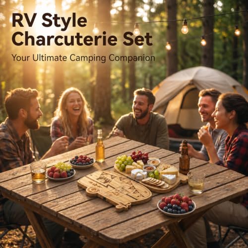 Foldable RV Charcuterie Boards Gift Set for Serving with Utensils | Happy Camper Bamboo Cutting Board, House Warming Gifts New Home, Wedding, Birthday & Bridal Shower Gifts for Women Couples - size: 11.7''L x 7.9''W