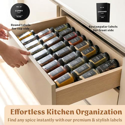 Square Glass Spice Jars (24 x 4oz) with Black Lids + Magnetic Spice Rack for Refrigerator (Fits 12 Jars) + Bonus Slim Auxiliary Rack, 240 Labels, Shaker Inserts, Funnel - color: Black Stainless Steel Lid + Magnetic Rack