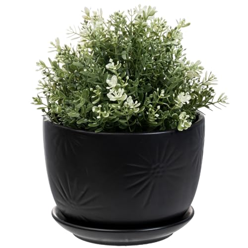 MyGift 7 Inch Black Ceramic Sunburst Planter Pot with Attached Saucer | Modern sunburst embossing adds texture and style to indoor greenery, while the drainage hole and attached saucer help protect - color: Matte Black