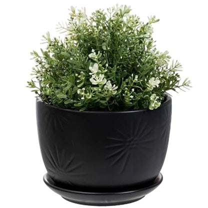 MyGift 7 Inch Black Ceramic Sunburst Planter Pot with Attached Saucer | Modern sunburst embossing adds texture and style to indoor greenery, while the drainage hole and attached saucer help protect - color: Matte Black