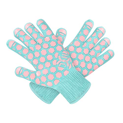 J H Heat Resistant Oven Glove: EN407 Certified 932 °F BBQ & Oven Mitts for Grlling, Baking, Kitchen, Camping,Fireplace Indoor&Outdoor 1 Pair - color: Turquoise Shell With Pink Coating