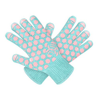 J H Heat Resistant Oven Glove: EN407 Certified 932 °F BBQ & Oven Mitts for Grlling, Baking, Kitchen, Camping,Fireplace Indoor&Outdoor 1 Pair - color: Turquoise Shell With Pink Coating